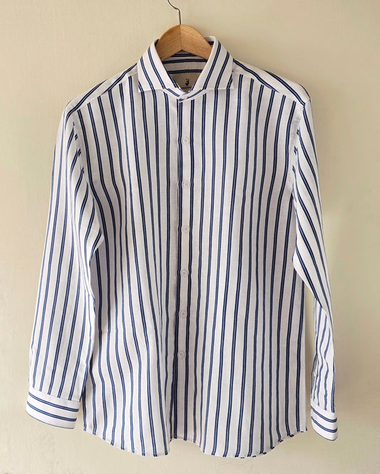 Navy Blue Striped Cut Collar Linen Cotton Shirt.