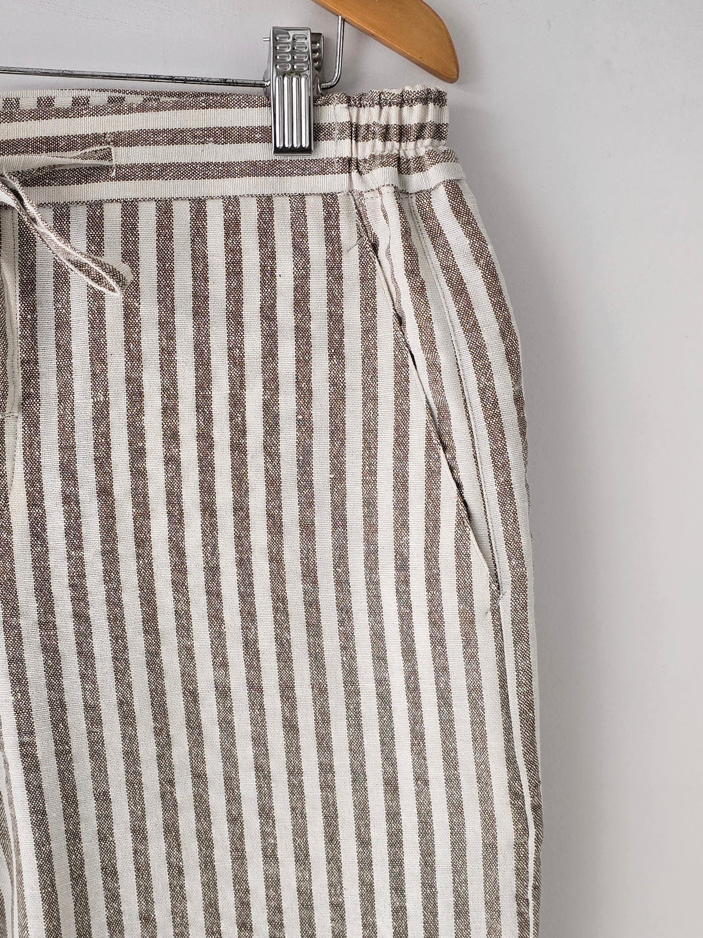 Beige Striped Linen Loose Pants