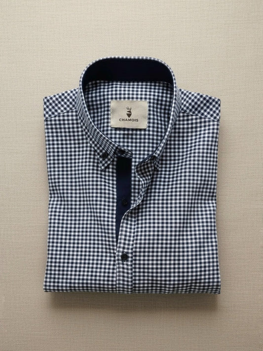 Navy Blue Checkered Linen Shirt