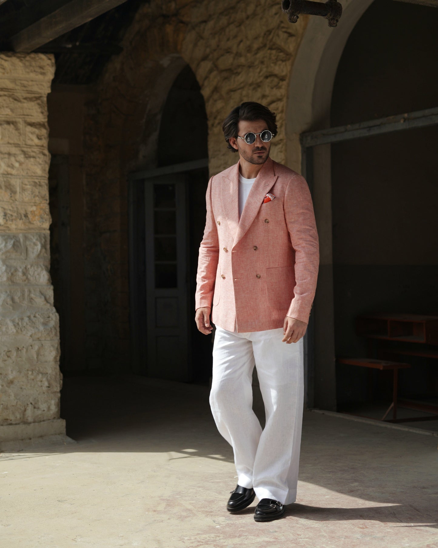 Brick Red Linen Blazer with White Loose Pants