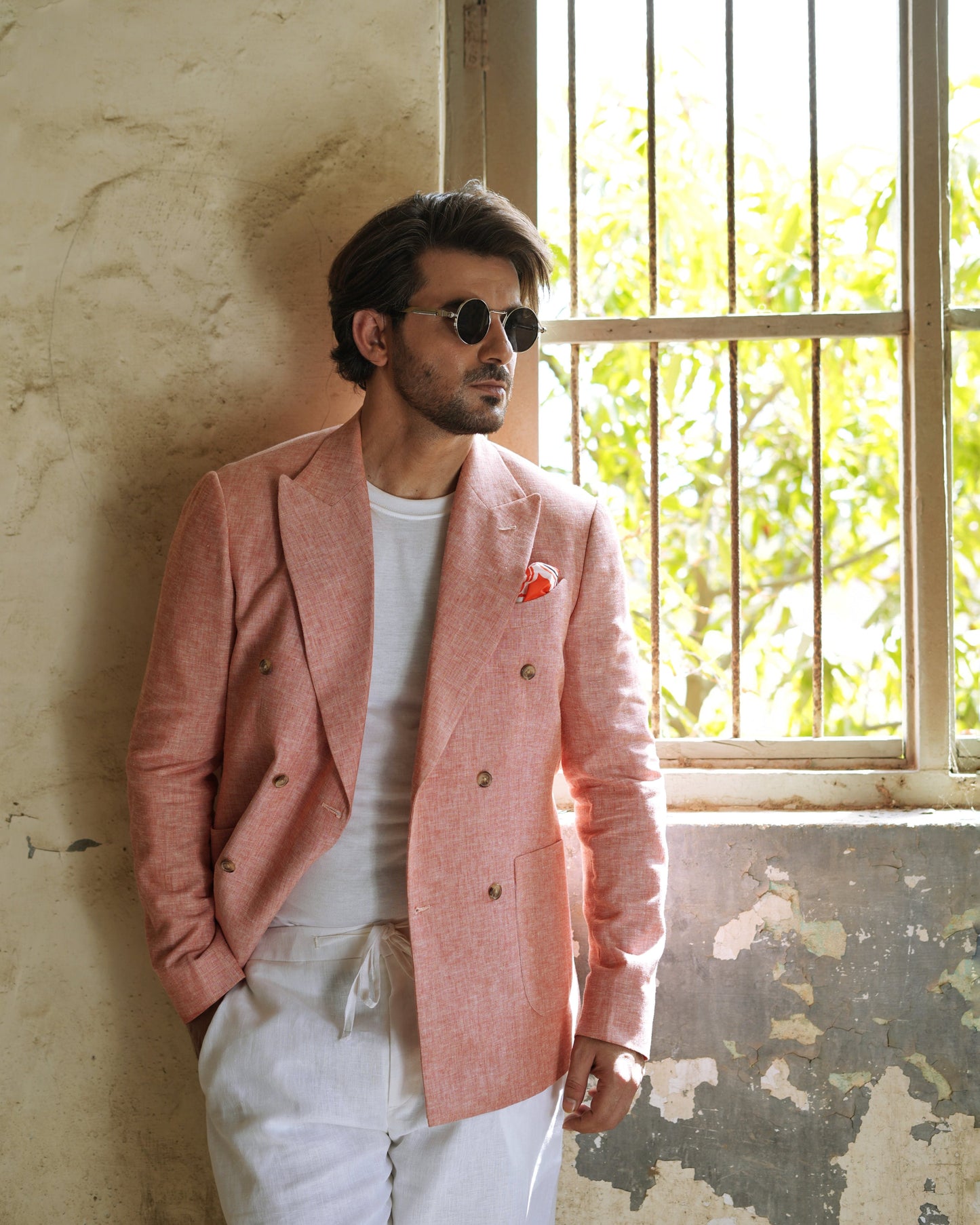 Brick Red Linen Blazer with White Loose Pants