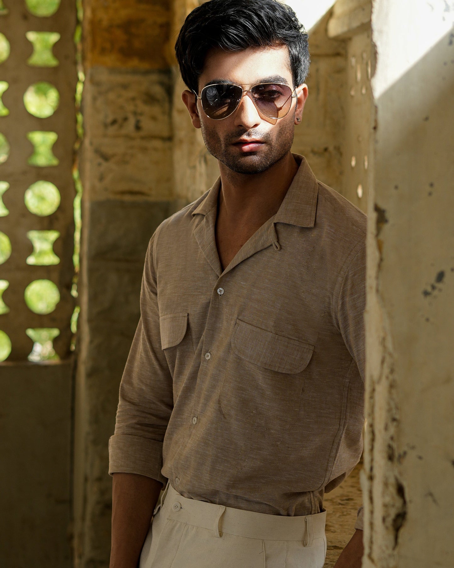 Beige Linen Cuban Shirt.