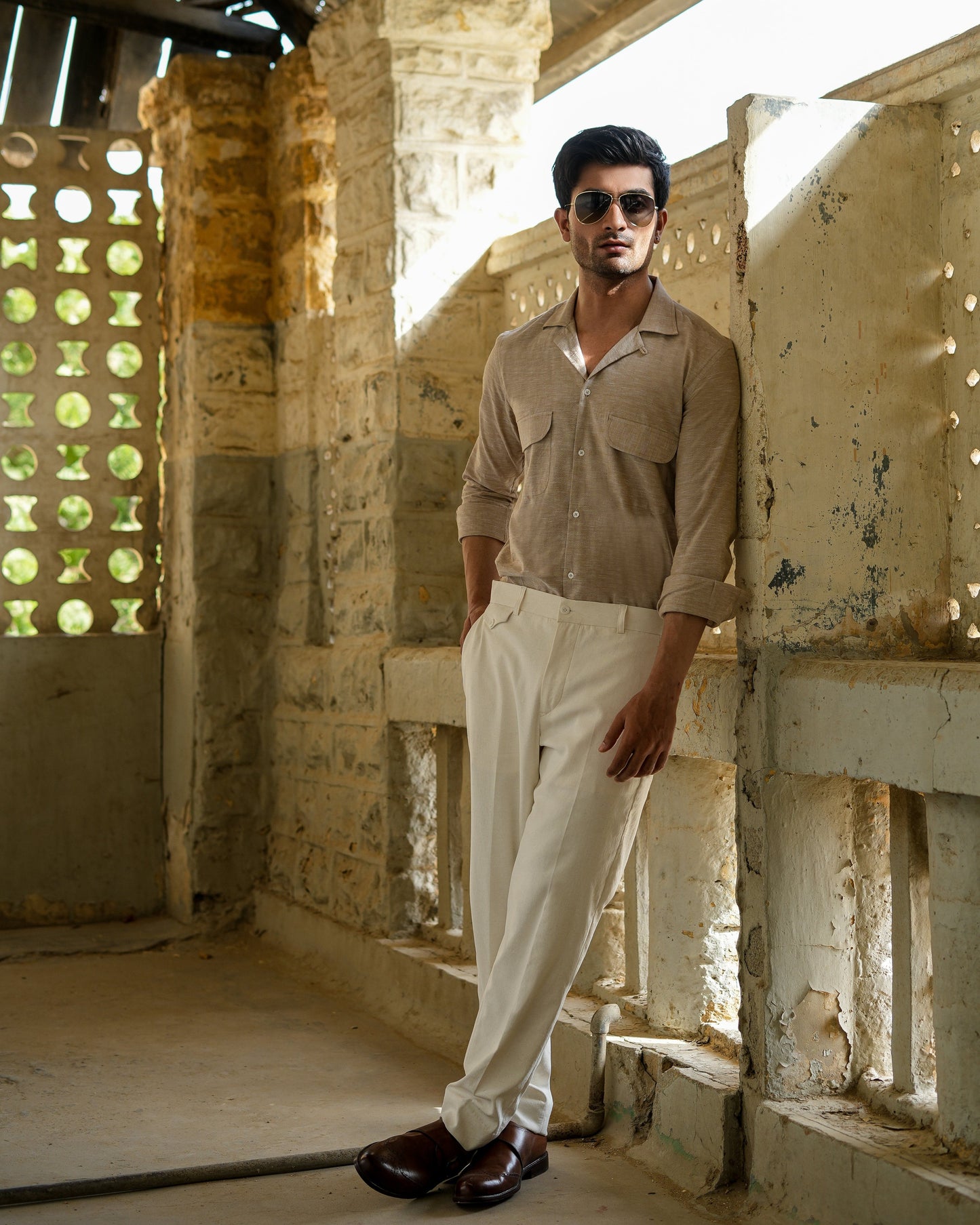 Beige Linen Cuban Shirt.