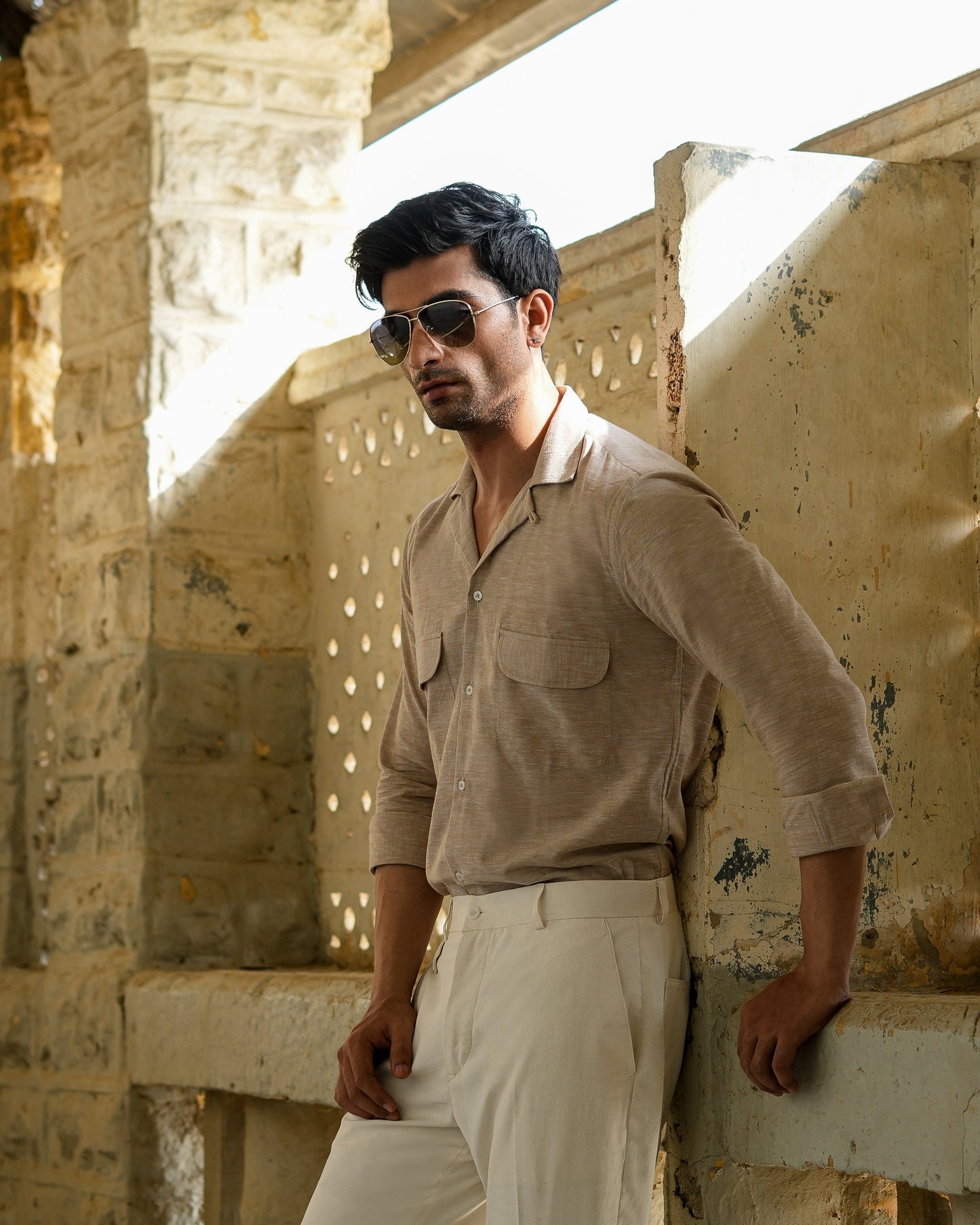 Beige Linen Cuban Shirt.