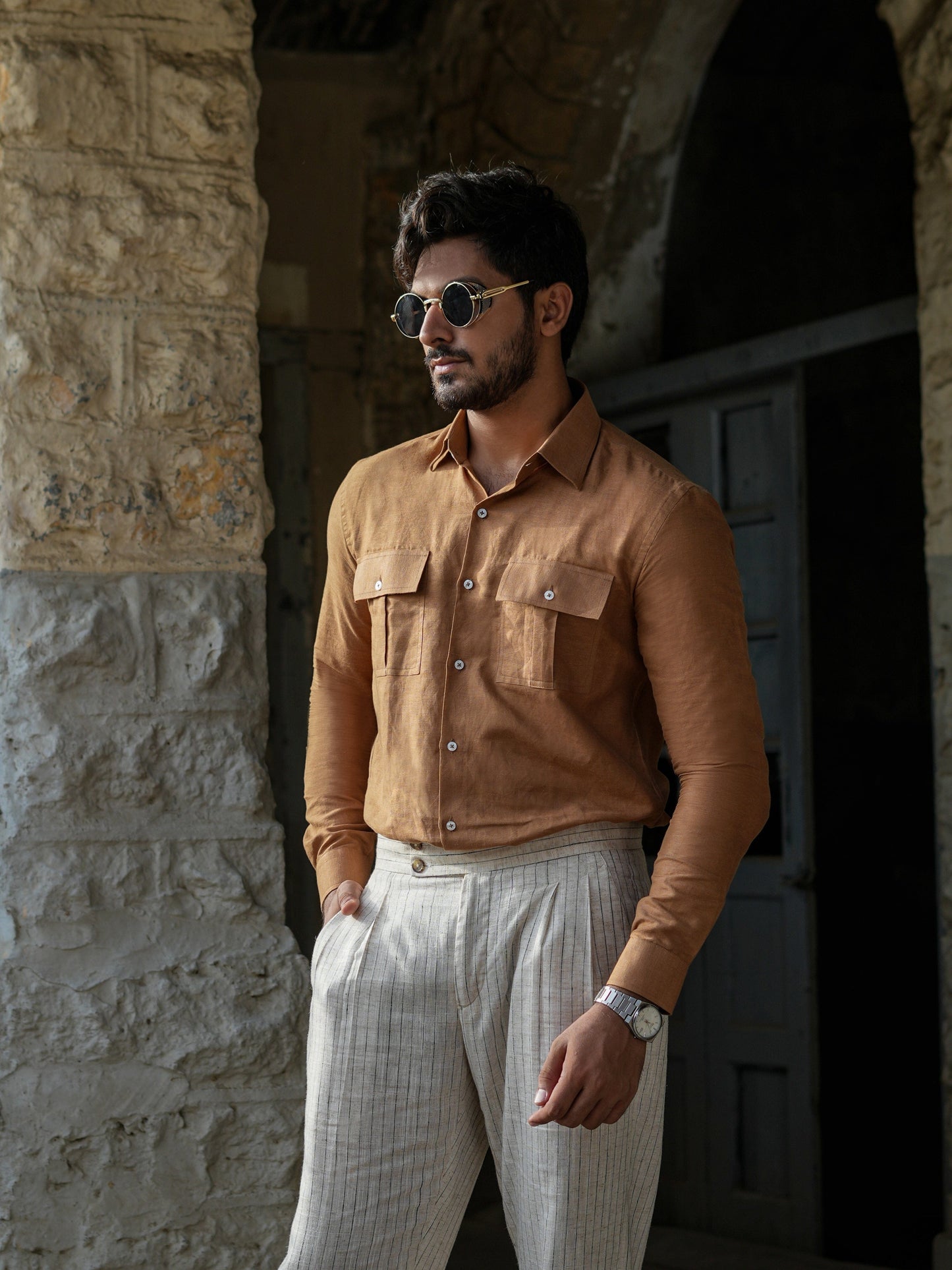 Camel Brown Linen Shirt.