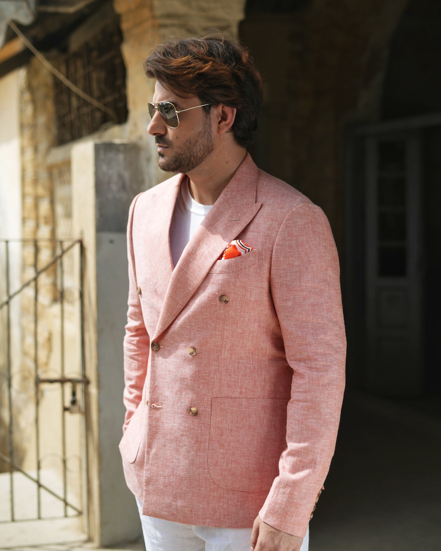 Brick Red Linen Blazer with White Loose Pants