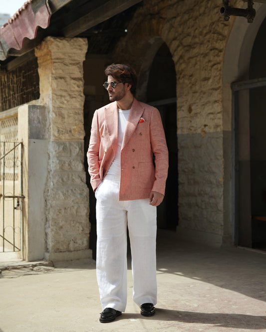 Brick Red Linen Blazer with White Loose Pants