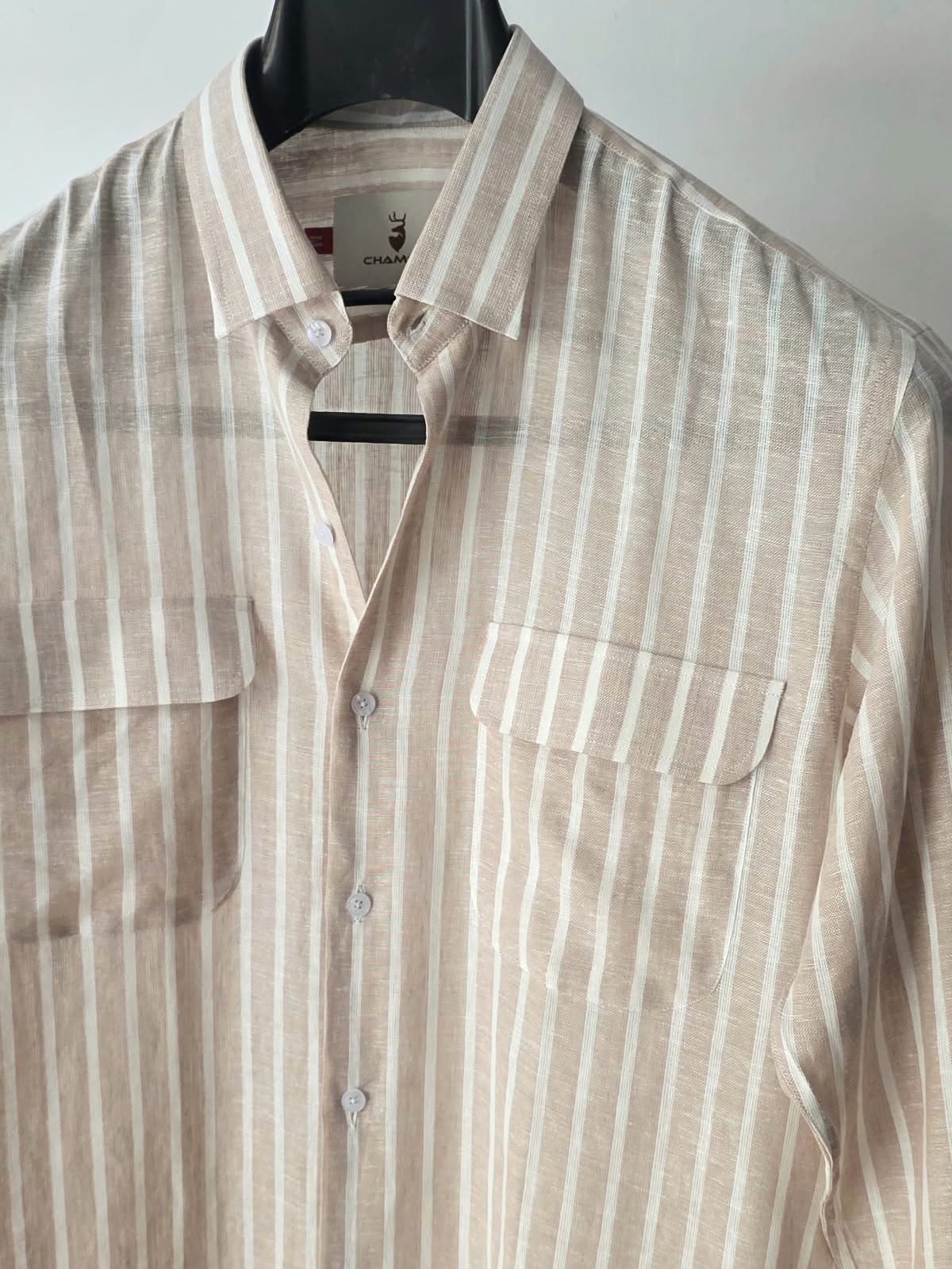 Beige Striped Linen Shirt with Double Flap Pockets | Chamois