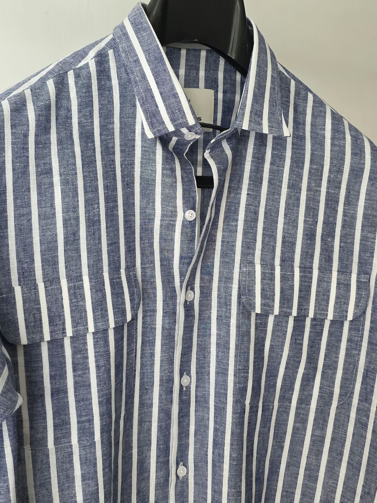 Blue Striped Linen Shirt with Double Flap Pockets | Chamois