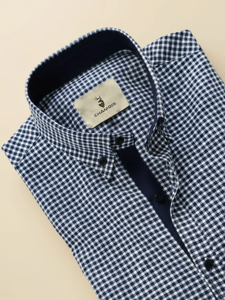 Navy Blue Checkered Linen Shirt