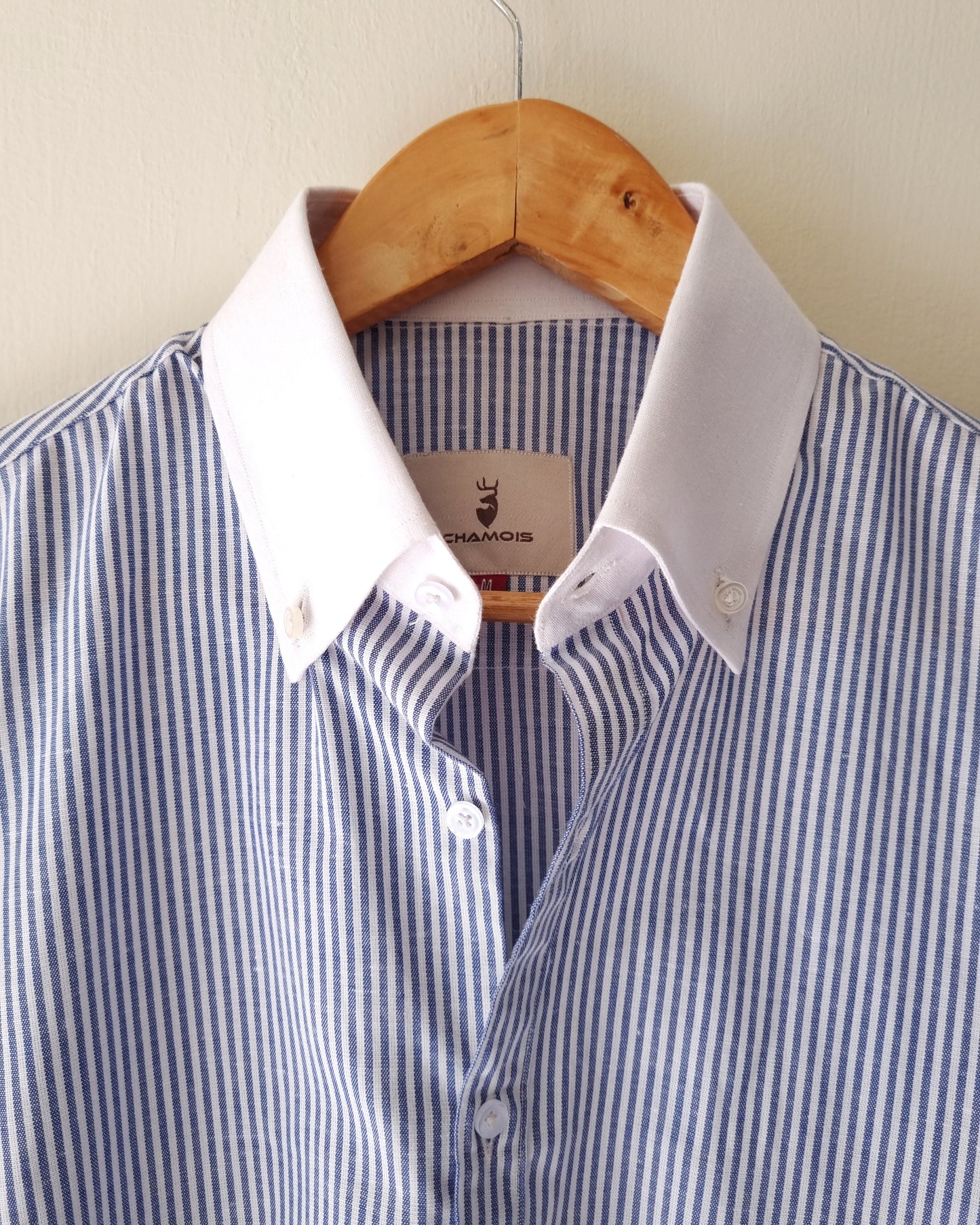 Chamois Pin Stripe Linen Shirt with White Button Down Collar.