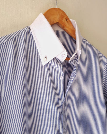 Chamois Pin Stripe Linen Shirt with White Button Down Collar.