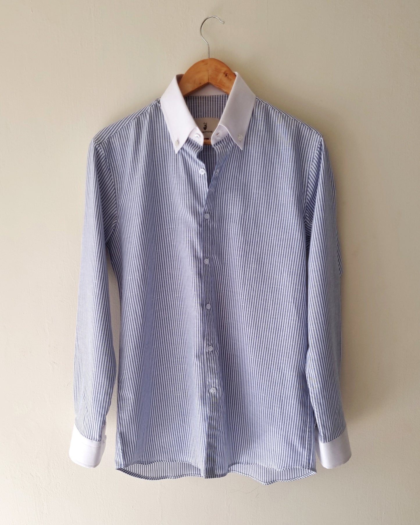 Chamois Pin Stripe Linen Shirt with White Button Down Collar.