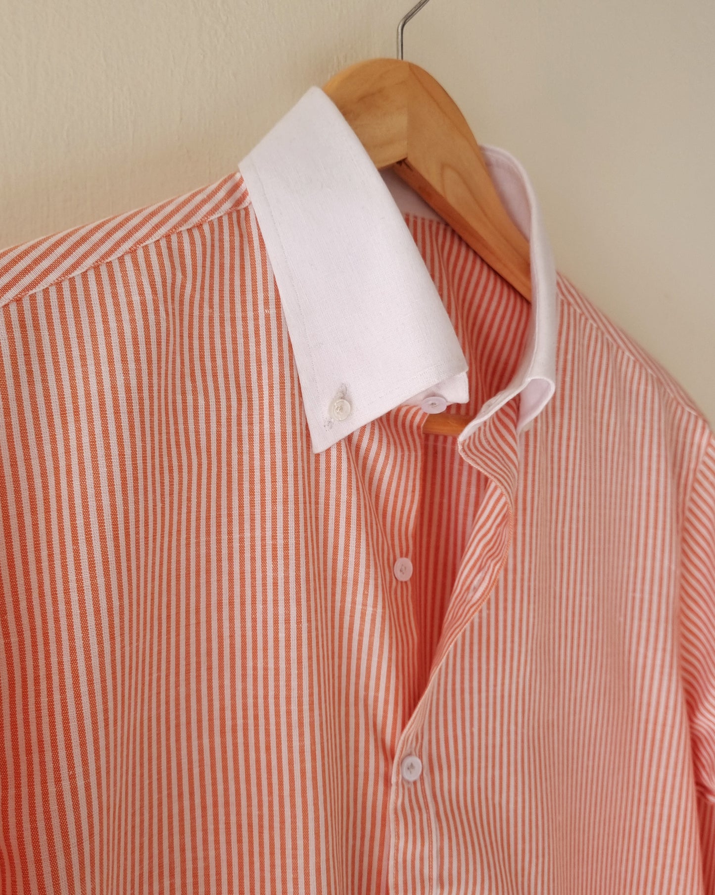 Chamois Pin Stripe Linen Shirt with White Button Down Collar.