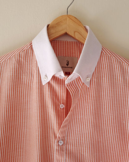 Chamois Pin Stripe Linen Shirt with White Button Down Collar.