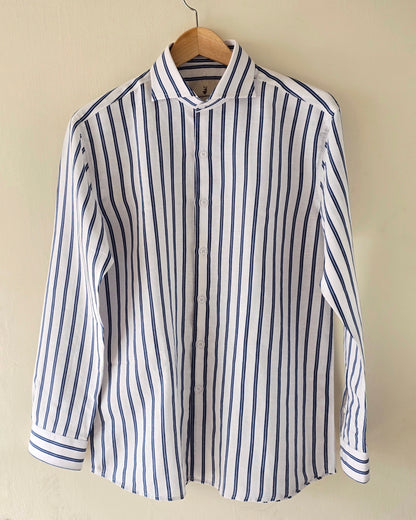 Navy Blue Striped Cut Collar Linen Cotton Shirt.