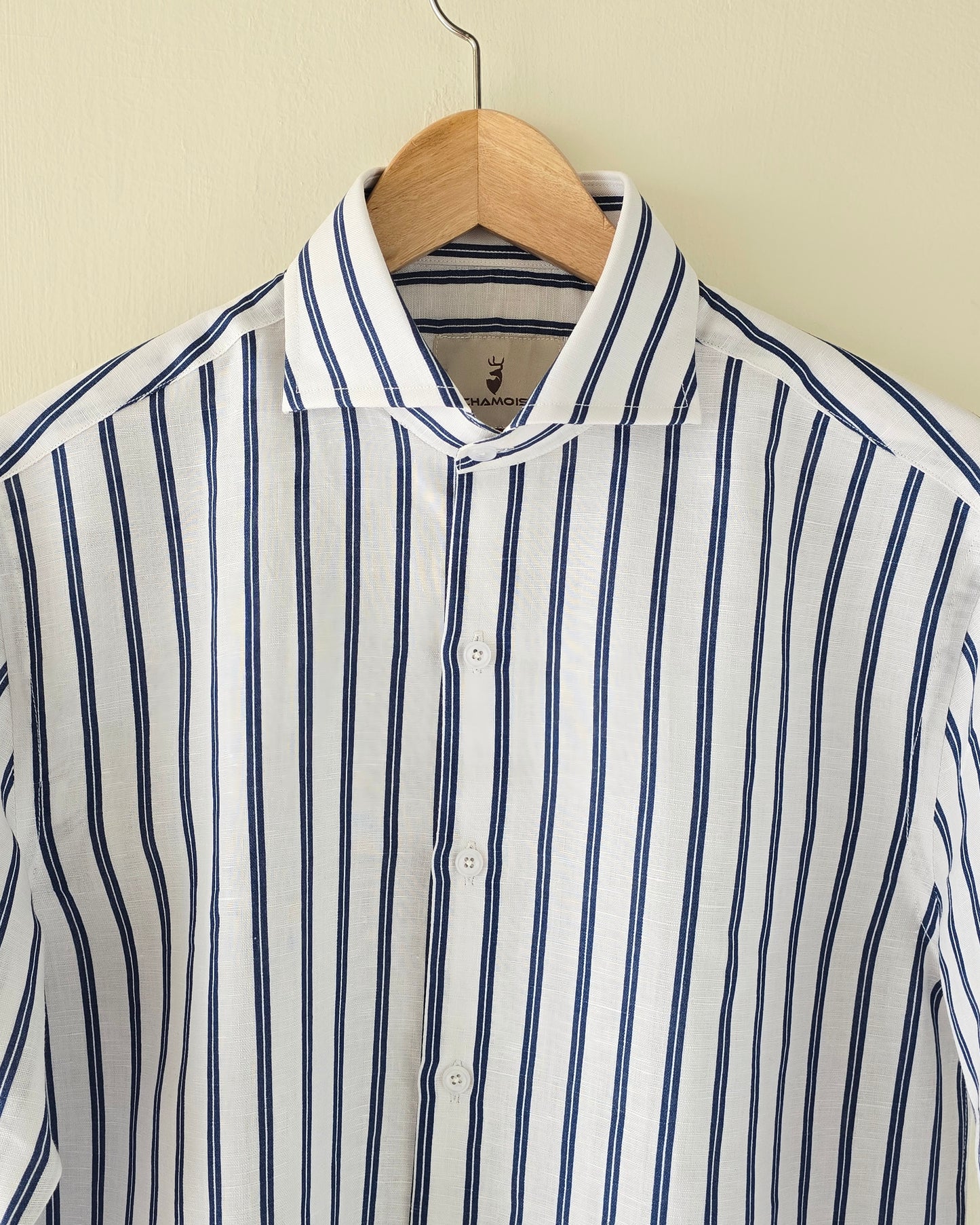 Navy Blue Striped Cut Collar Linen Cotton Shirt.