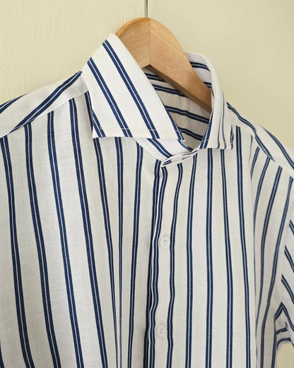 Navy Blue Striped Cut Collar Linen Cotton Shirt.