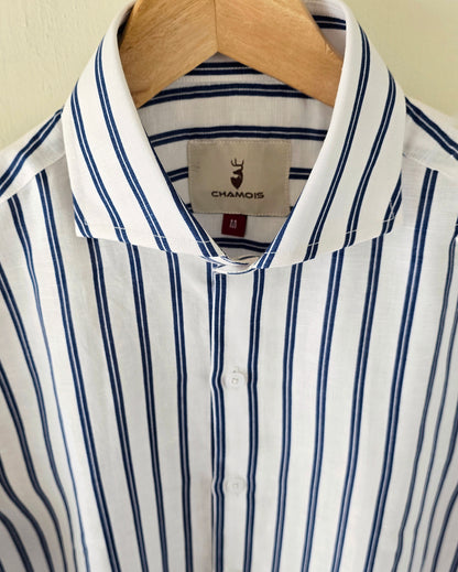 Navy Blue Striped Cut Collar Linen Cotton Shirt.