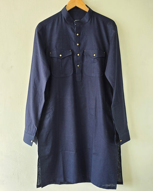 Mid Night Blue Linen Kurta Trouser