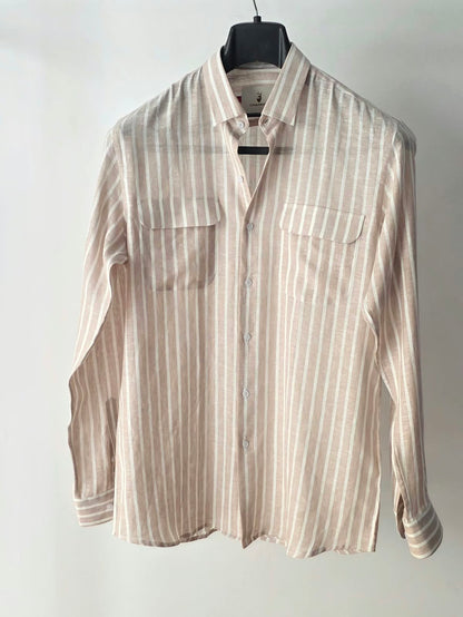 Beige Striped Linen Shirt with Double Flap Pockets | Chamois