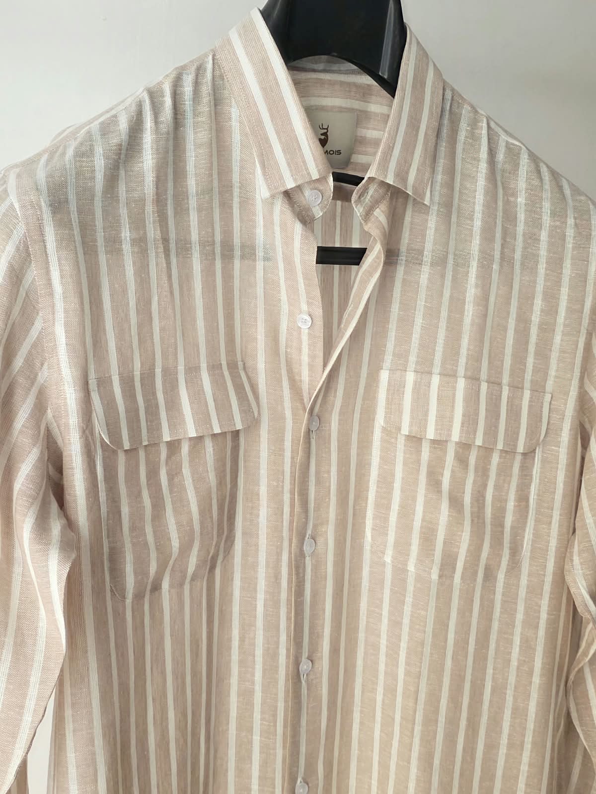 Beige Striped Linen Shirt with Double Flap Pockets | Chamois