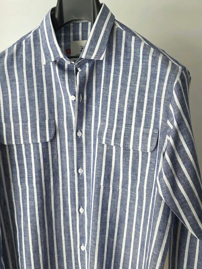 Blue Striped Linen Shirt with Double Flap Pockets | Chamois
