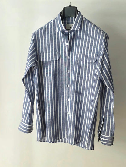 Blue Striped Linen Shirt with Double Flap Pockets | Chamois