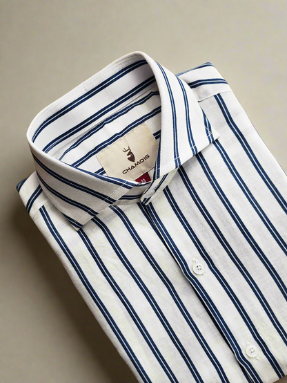 Navy Blue Striped Cut Collar Linen Cotton Shirt.