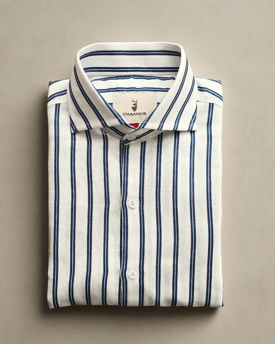 Navy Blue Striped Cut Collar Linen Cotton Shirt.